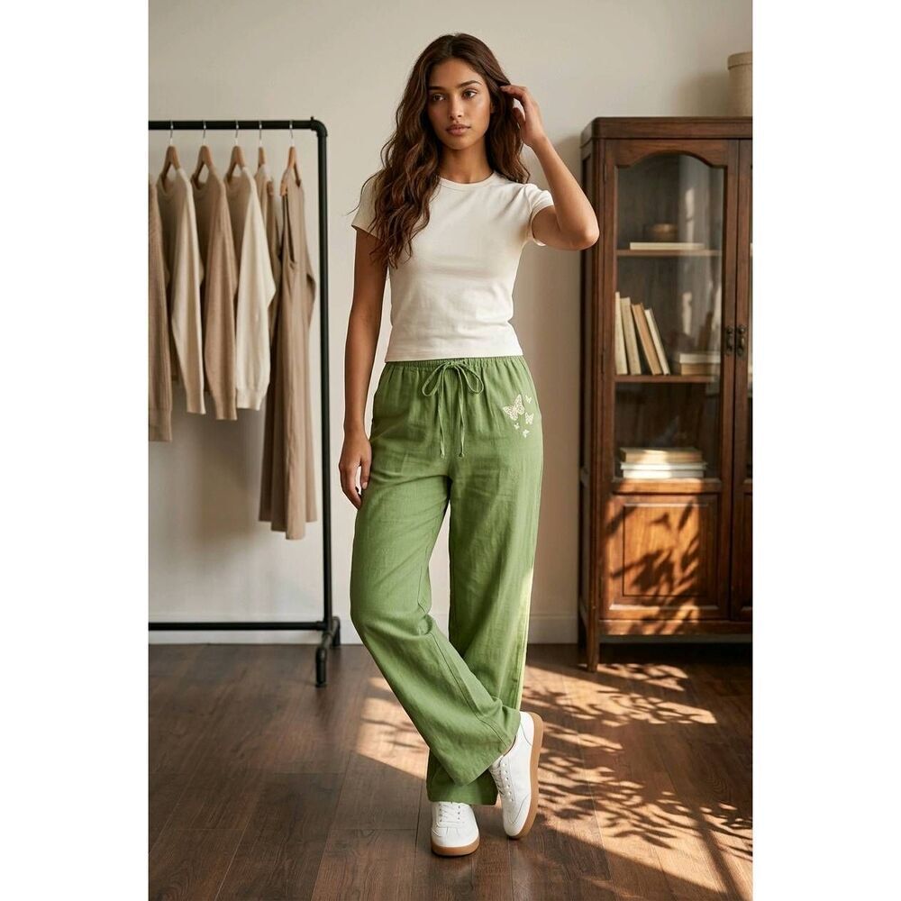 🔹️Derek Heart Green w/Yellow Rhinestone Butterflies Linen Blend Pants Large